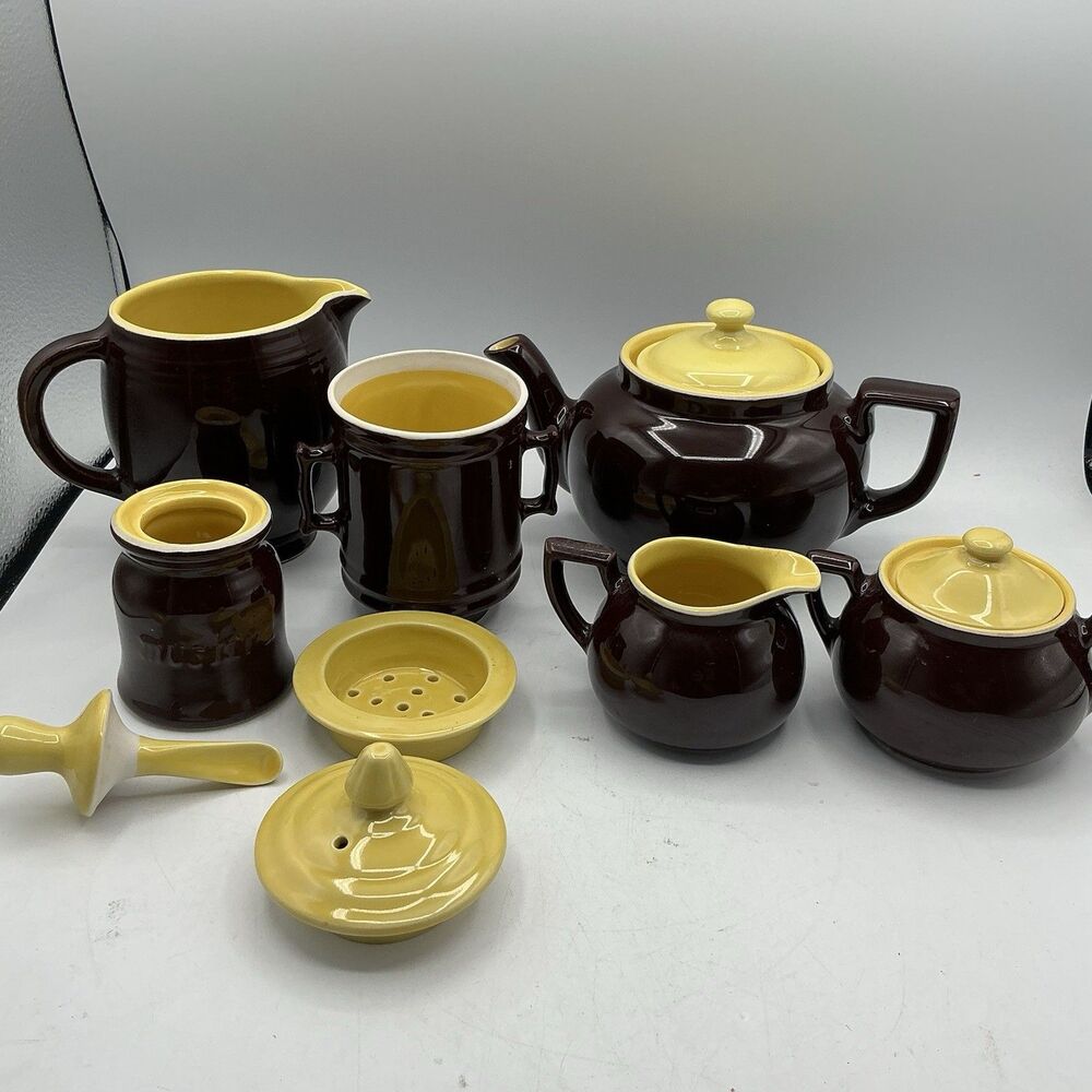 Vintage Hall China 536 Brown Mustard Yellow Tea Set 21 Pc 10 Mugs USA
